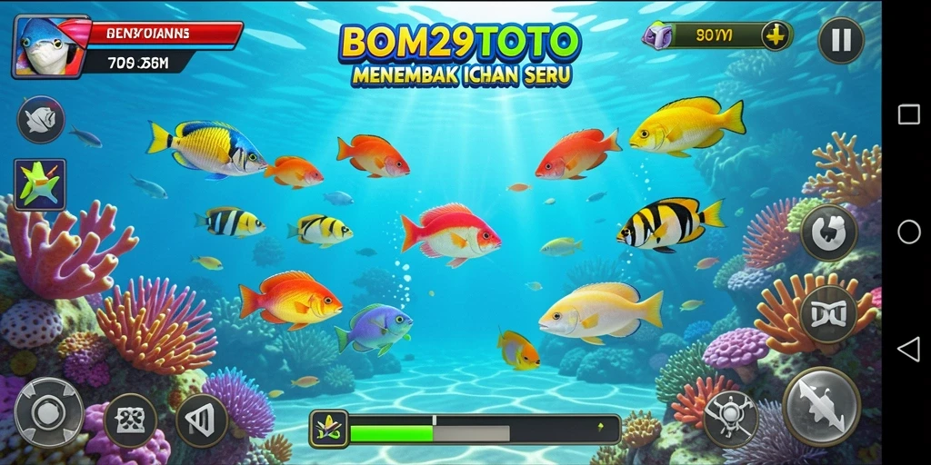 Screenshot gameplay BOM29TOTO yang menampilkan menembak ikan dengan senjata.