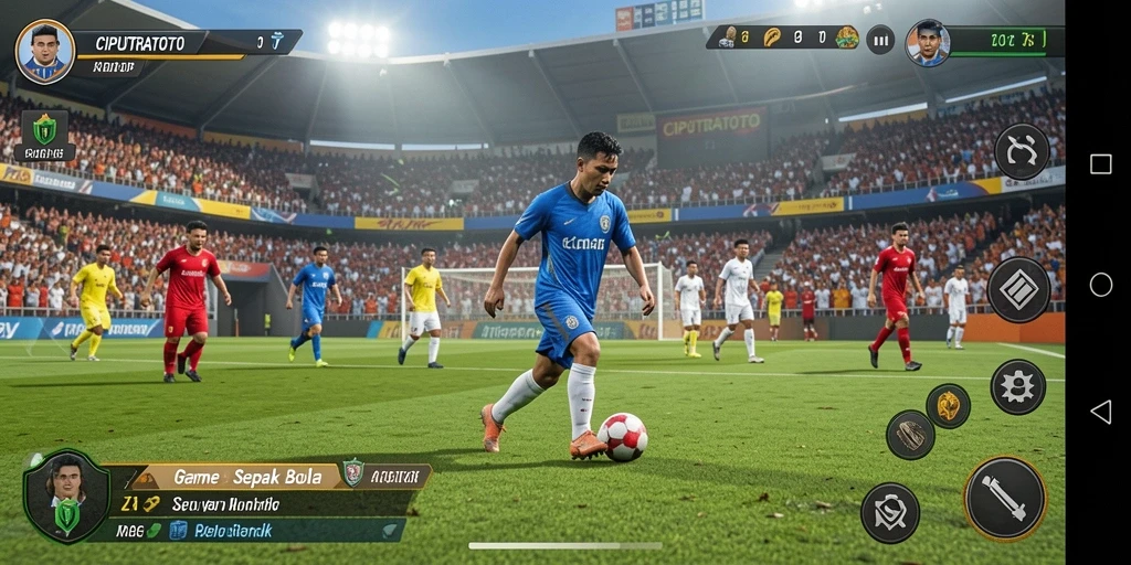 Screenshot gameplay menunjukkan aksi adu dribble dan tembakan di lapangan.
