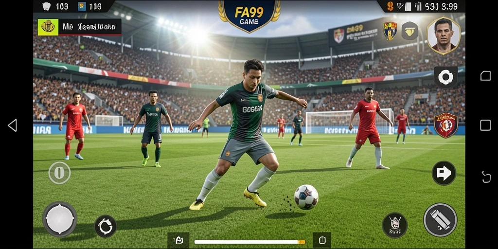 Tampilan gameplay FA99 dengan aksi sepak bola yang dinamis.