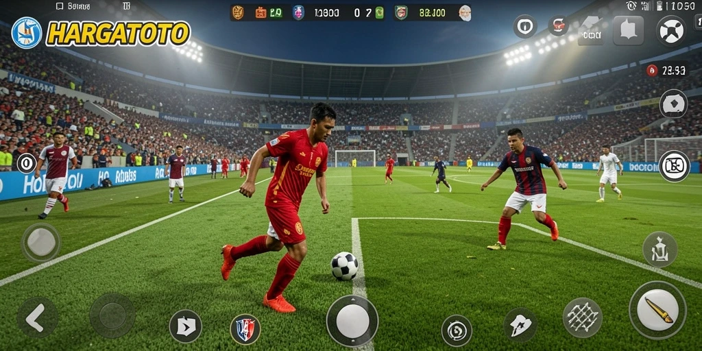 Tangkapan layar dari gameplay HARGATOTO menunjukkan aksi seru dan dinamis sepak bola.