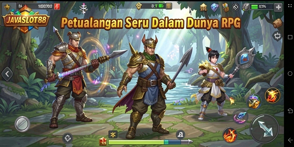 Screenshot utama menampilkan aksi seru dalam game RPG JAVASLOT88.