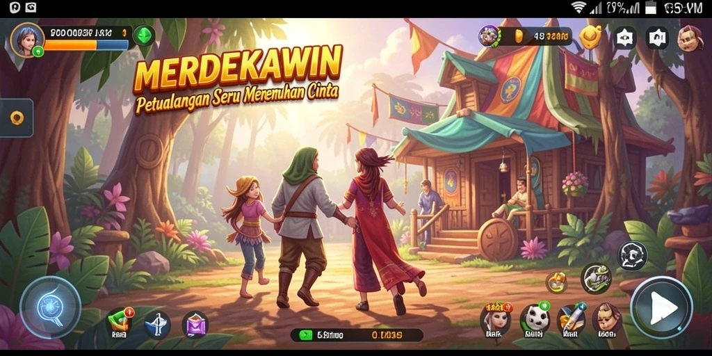 Tampilan gameplay MERDEKAWIN yang seru dengan petualangan cinta yang menantang.