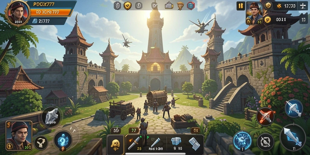 Screenshot gameplay PCX777 yang menunjukkan menara bertempur melawan musuh.