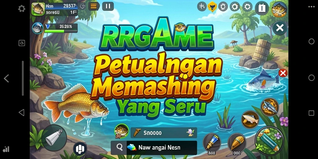 Screenshot gameplay RPGAME menampilkan karakter memancing di lokasi yang indah.