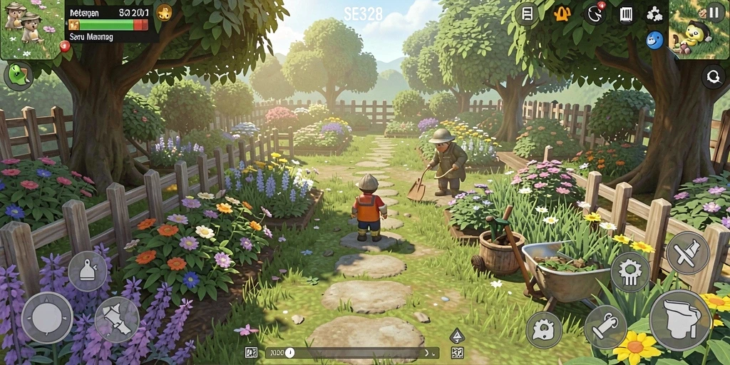 Tangkapan layar gameplay SE328 menunjukkan kebun yang subur dan aktivitas bertani.