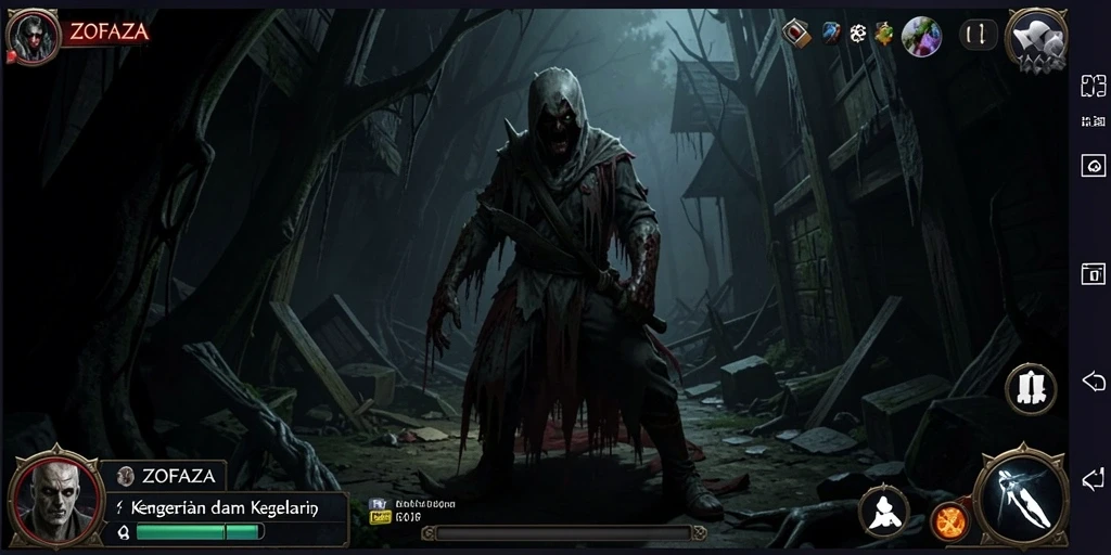 Screenshot gameplay menampilkan suasana Horror ZOFAZA yang menegangkan.